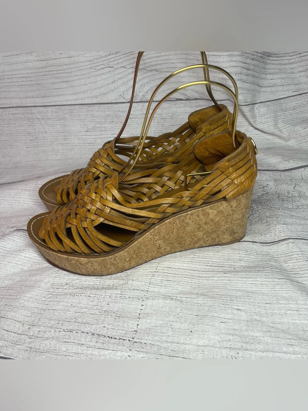 Tory Burch Women’s 11 Lottie Woven Leather Huarache Cork Wedge Sandals